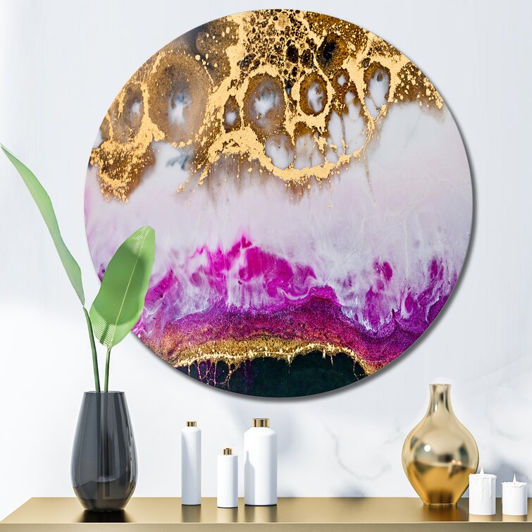 Gold White And Fuchia Epoxy Resin Art On Metal Print